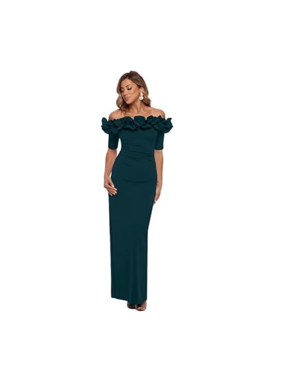 Xscape Woman’s Off the ShoulderScuba Crepe Gown( New)Pine Color